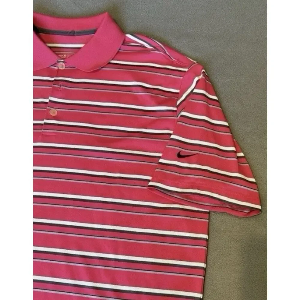 Nike Mens Large Golf Polo Dri-Fit Pink Striped Lightweight Performance Stretch